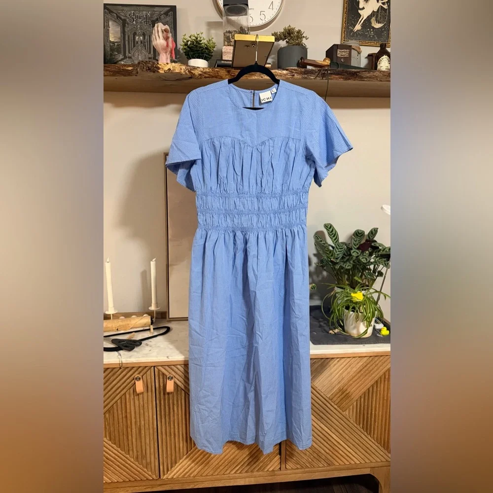 NWOT ICHI Light Blue Gingham Midi Dress with Smocked Waist - Picture 3 of 8